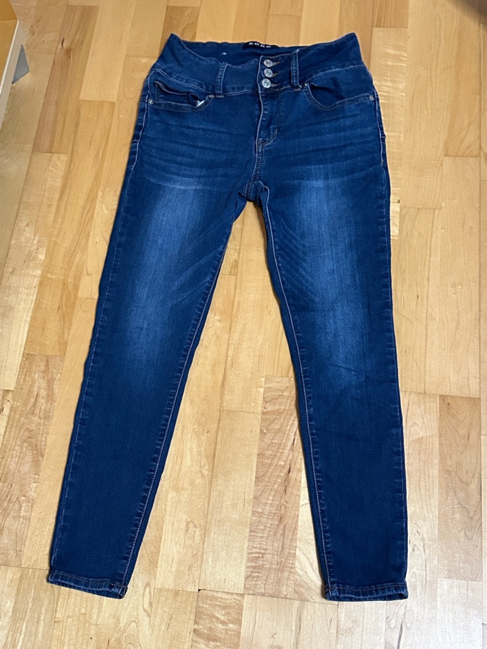 High-Rise Dark Blue Skinny Jeans with Triple Button Waist